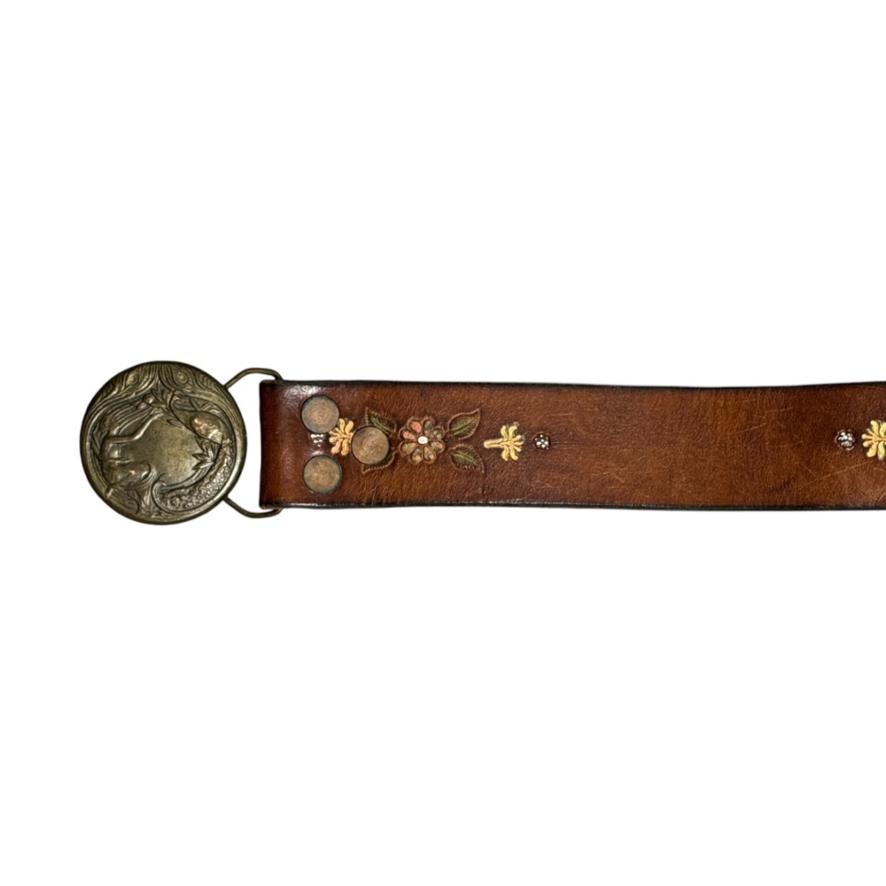 VINTAGE BERGAMOT BRASS WORKS WOMAN AND PEACOCK BUCKLE & BOHO FLORAL LEATHER BELT - Picture 4 of 10